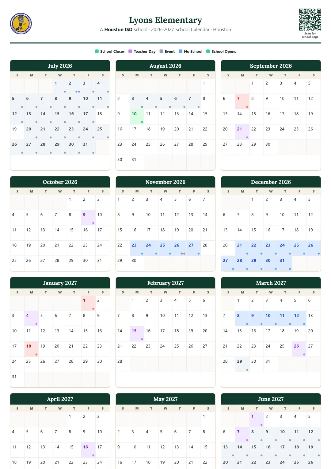 Lyons Elementary printable 2026–2027 calendar