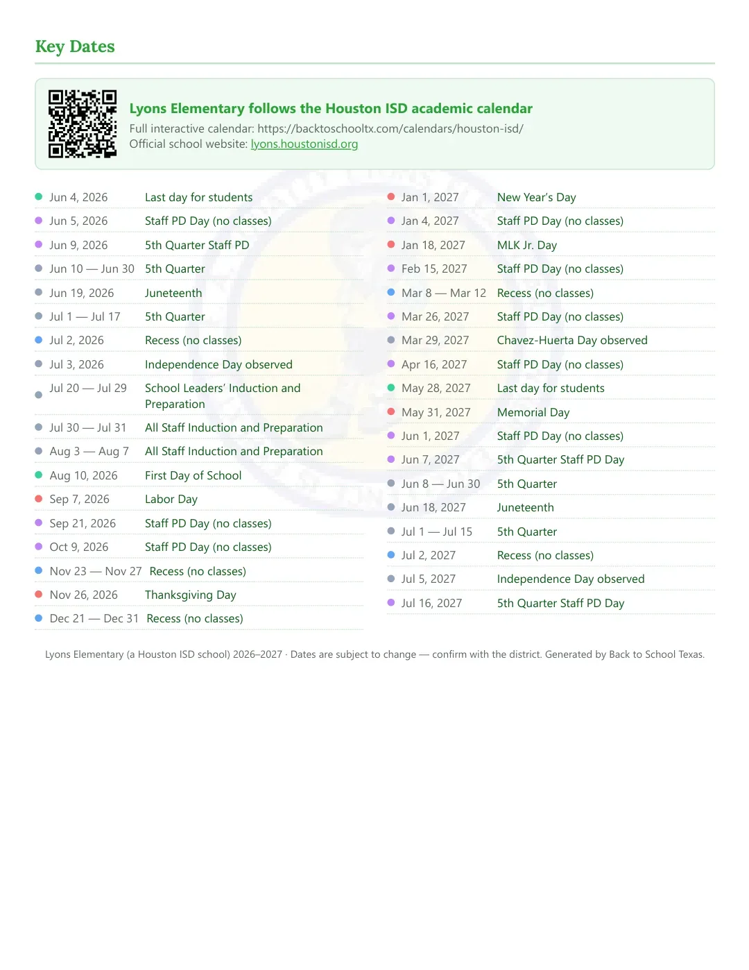 Lyons Elementary Calendar for the Year 26-27 — key dates