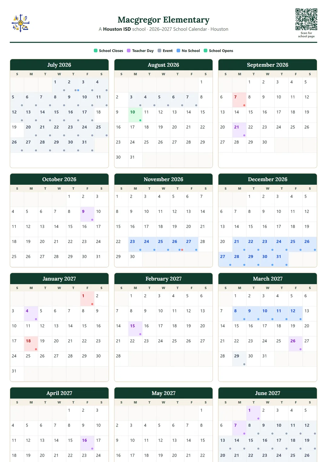 Macgregor Elementary printable 2026–2027 calendar