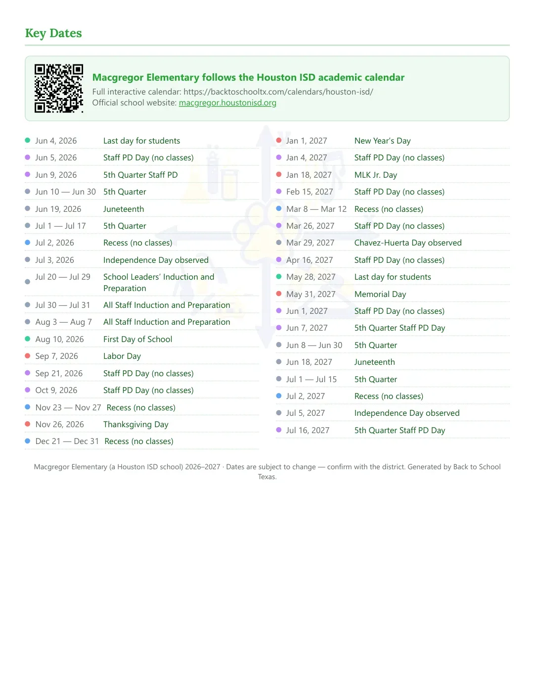Macgregor Elementary Calendar for the Year 26-27 — key dates