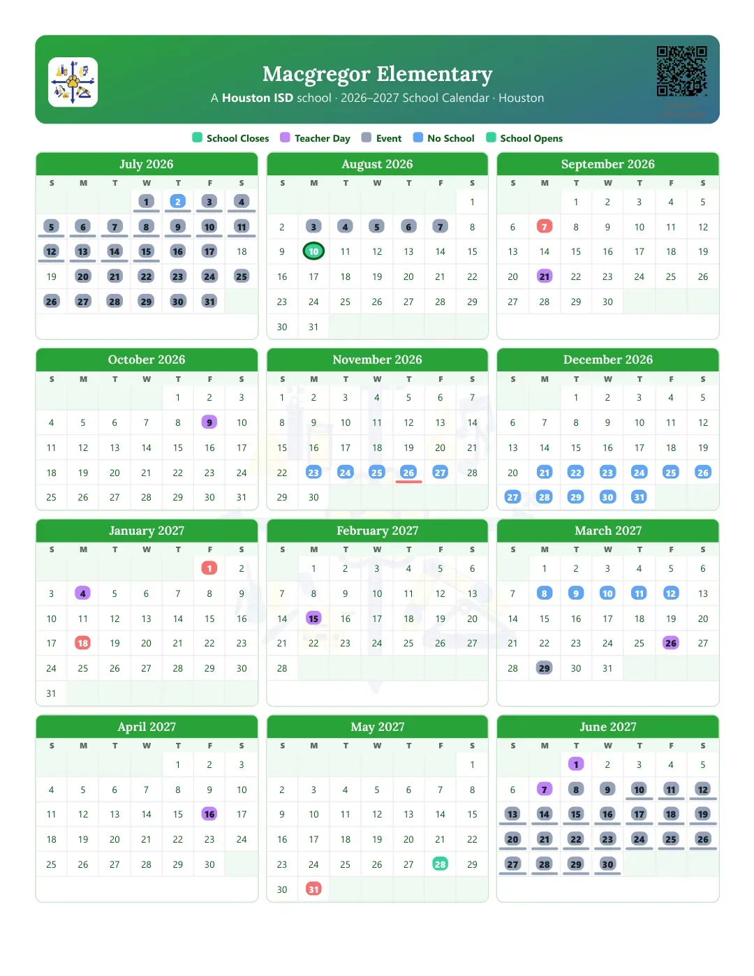 Macgregor Elementary Calendar for the Year 26-27