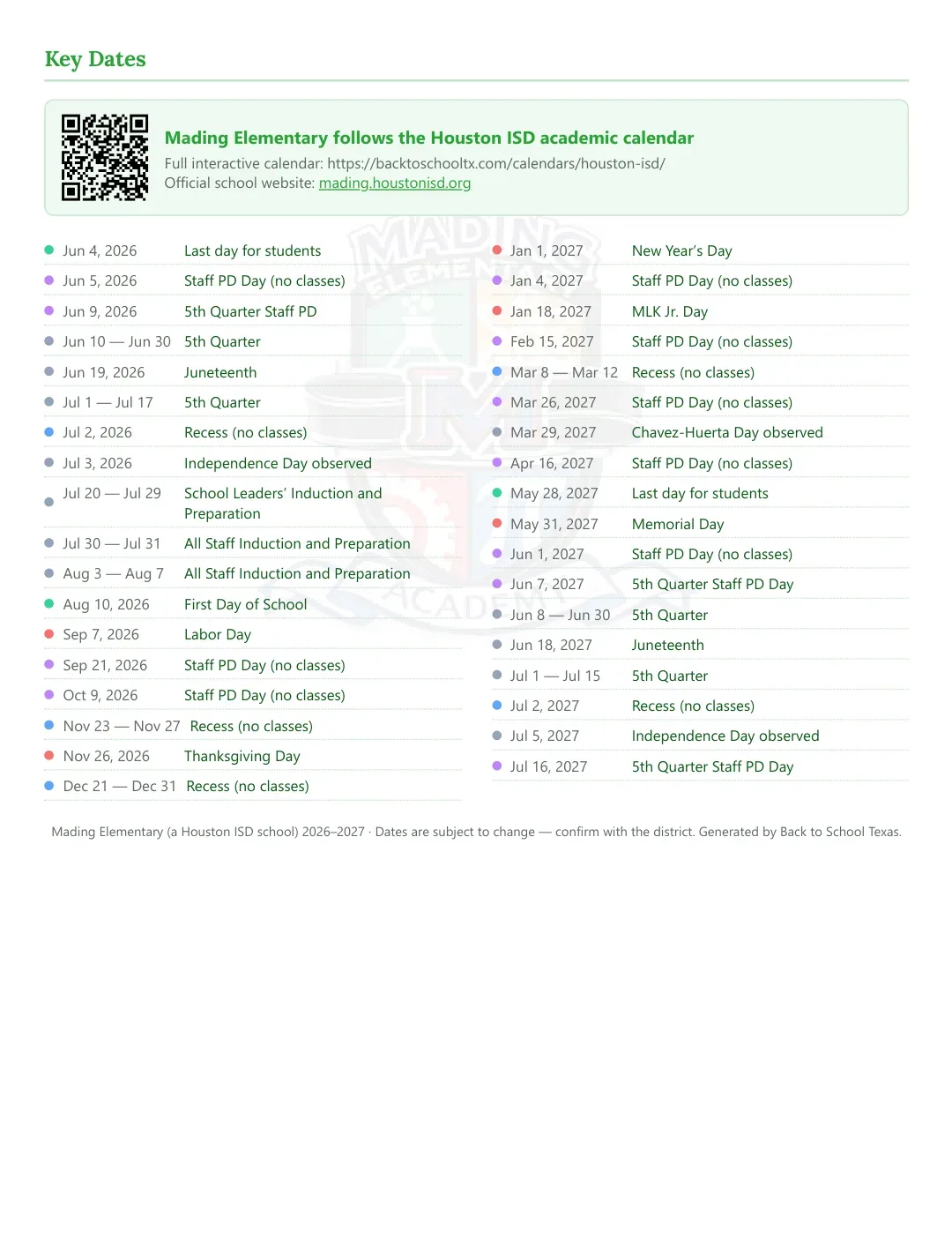 Mading Elementary Calendar for the Year 26-27 — key dates