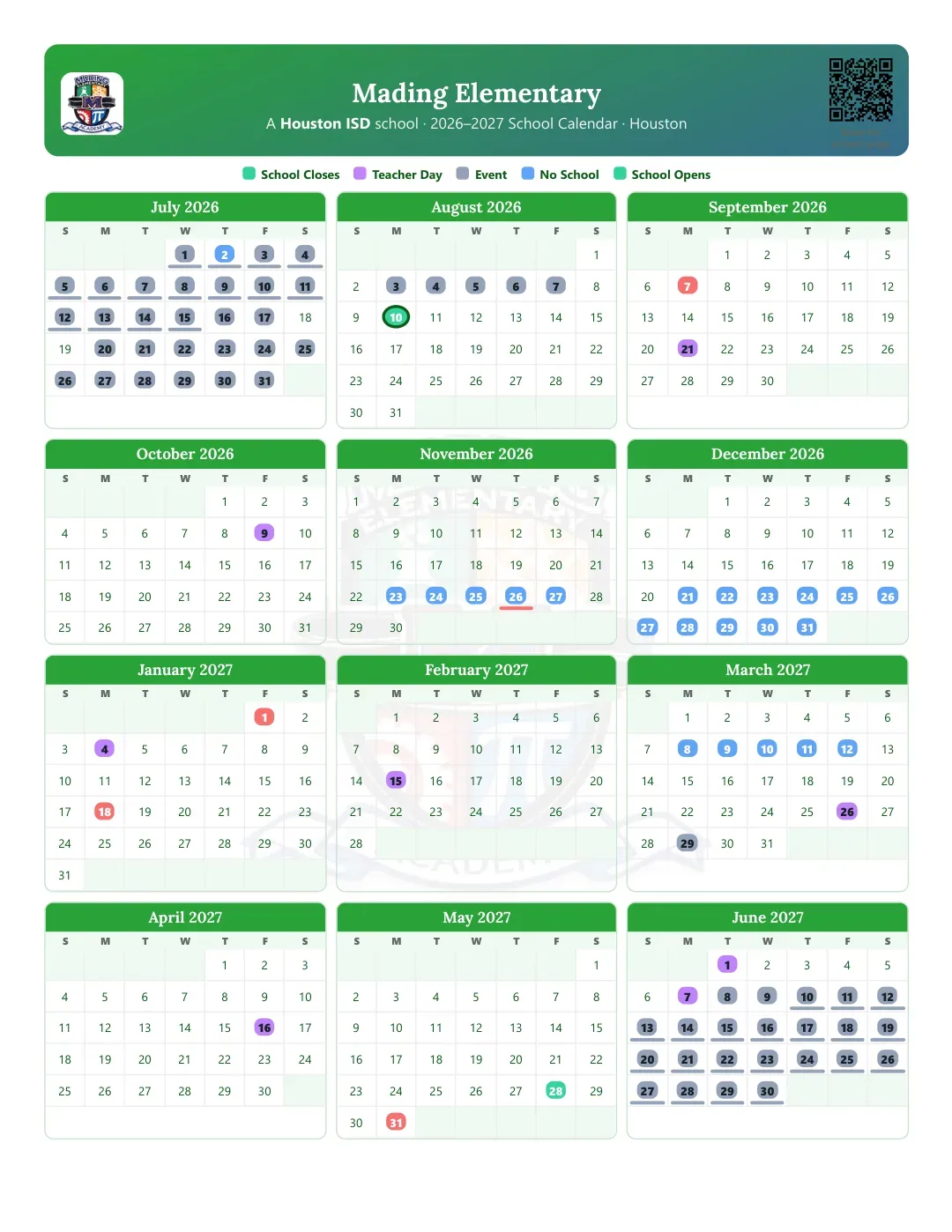 Mading Elementary Calendar for the Year 26-27