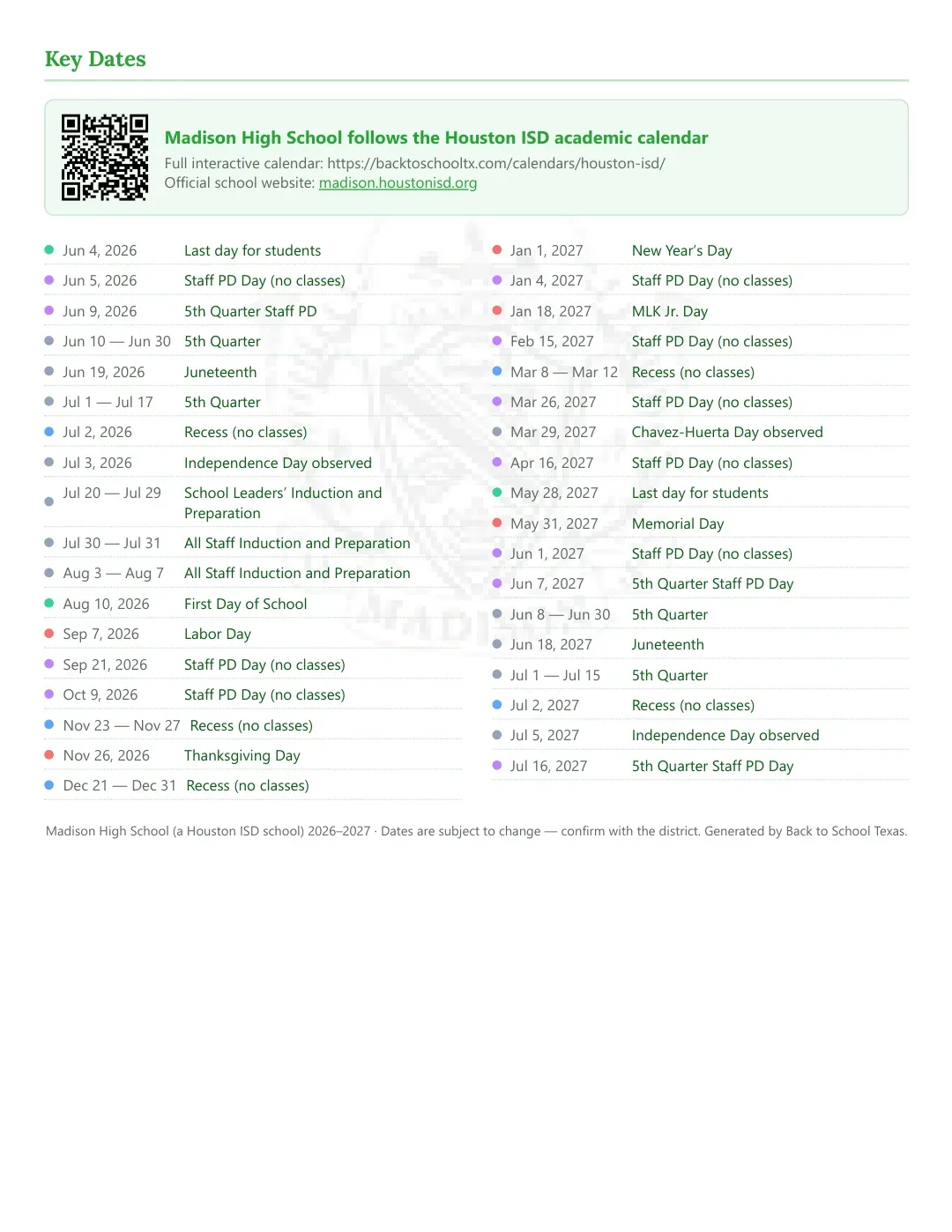 Madison High School Calendar for the Year 26-27 — key dates