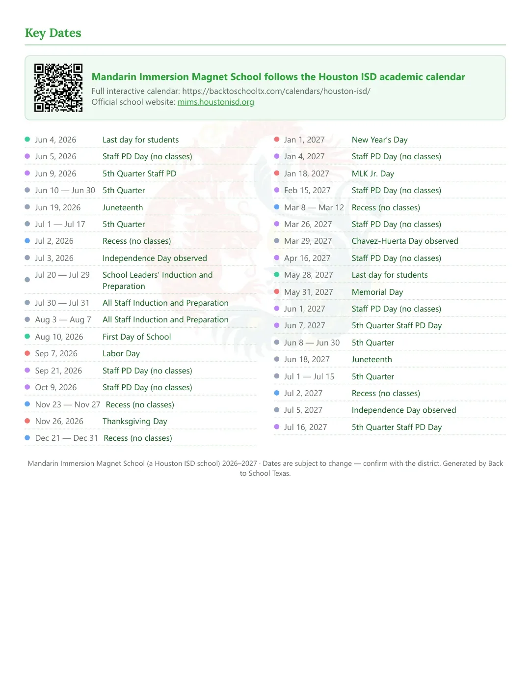 Mandarin Immersion Magnet School Calendar for the Year 26-27 — key dates