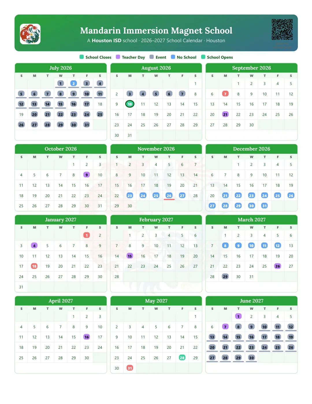 Mandarin Immersion Magnet School Calendar for the Year 26-27