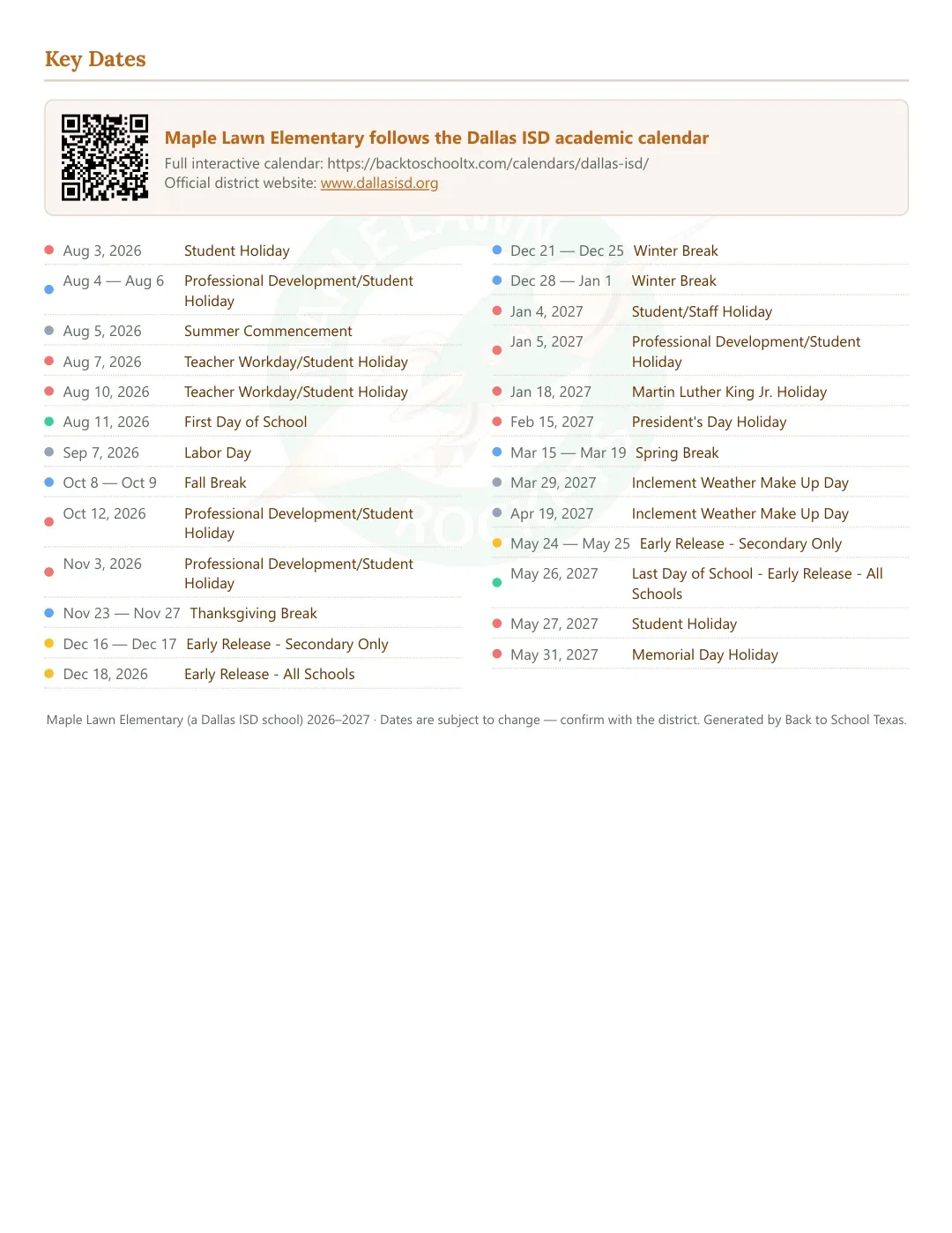 Maple Lawn Elementary Calendar for the Year 26-27 — key dates