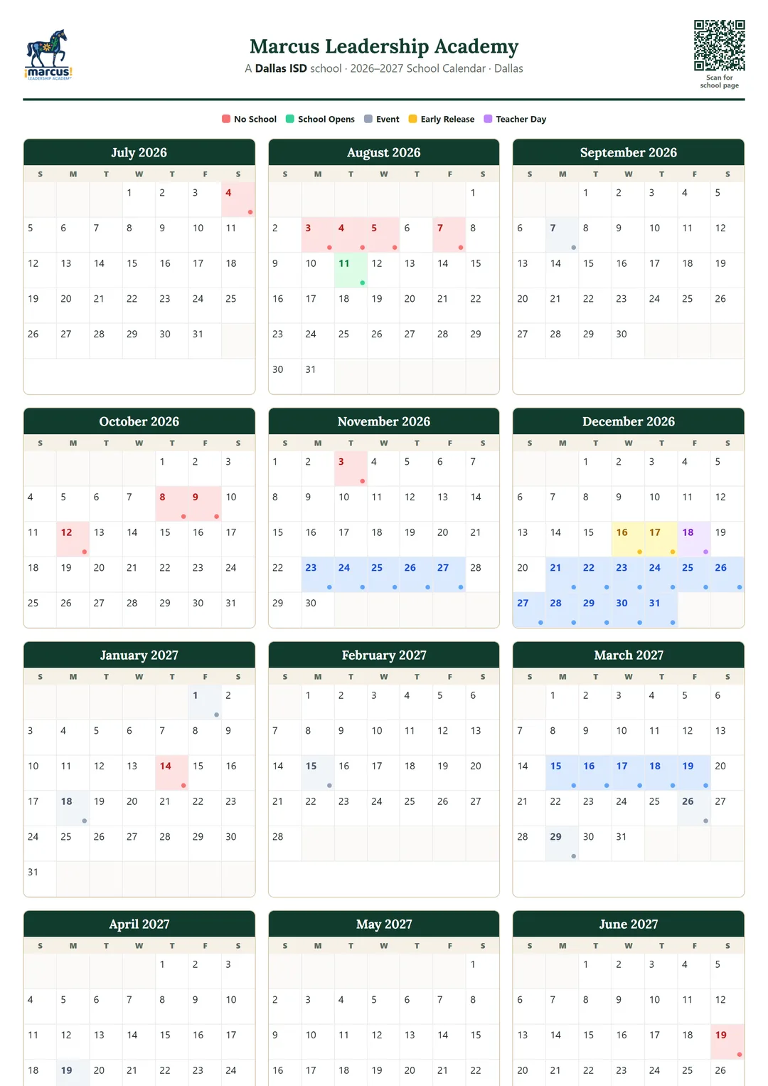 Marcus Leadership Academy printable 2026–2027 calendar