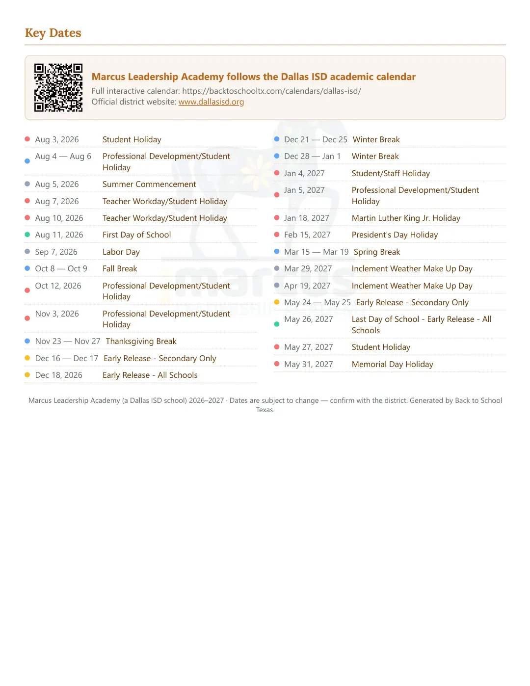 Marcus Leadership Academy Calendar for the Year 26-27 — key dates
