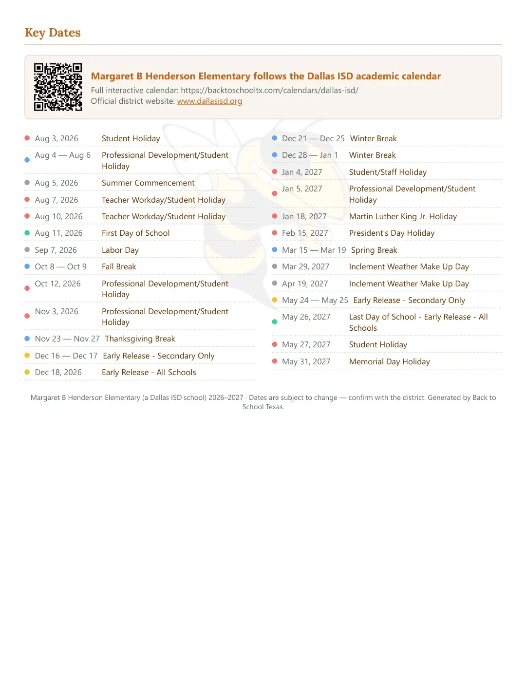 Margaret B Henderson Elementary Calendar for the Year 26-27 — key dates