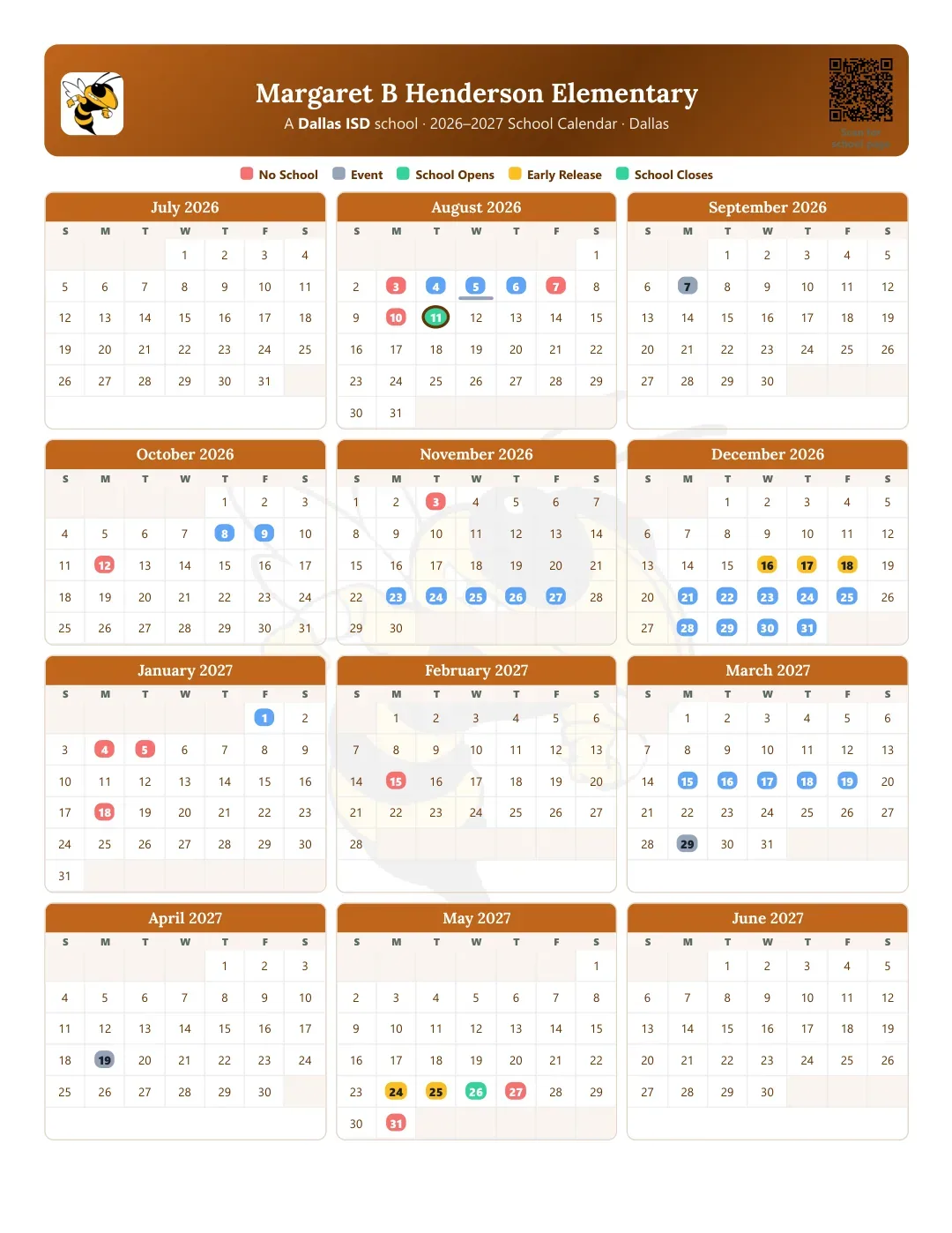 Margaret B Henderson Elementary Calendar for the Year 26-27