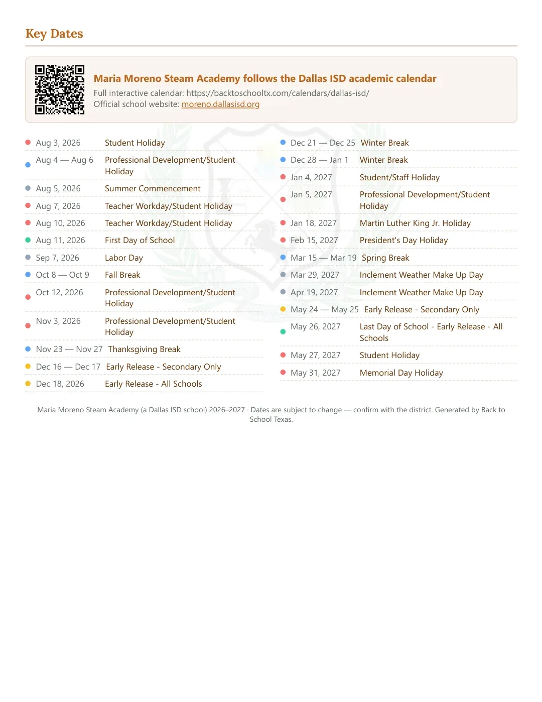 Maria Moreno Steam Academy Calendar for the Year 26-27 — key dates