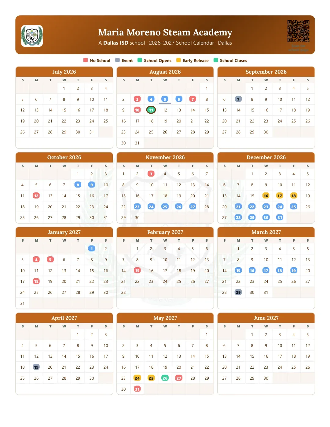 Maria Moreno Steam Academy Calendar for the Year 26-27