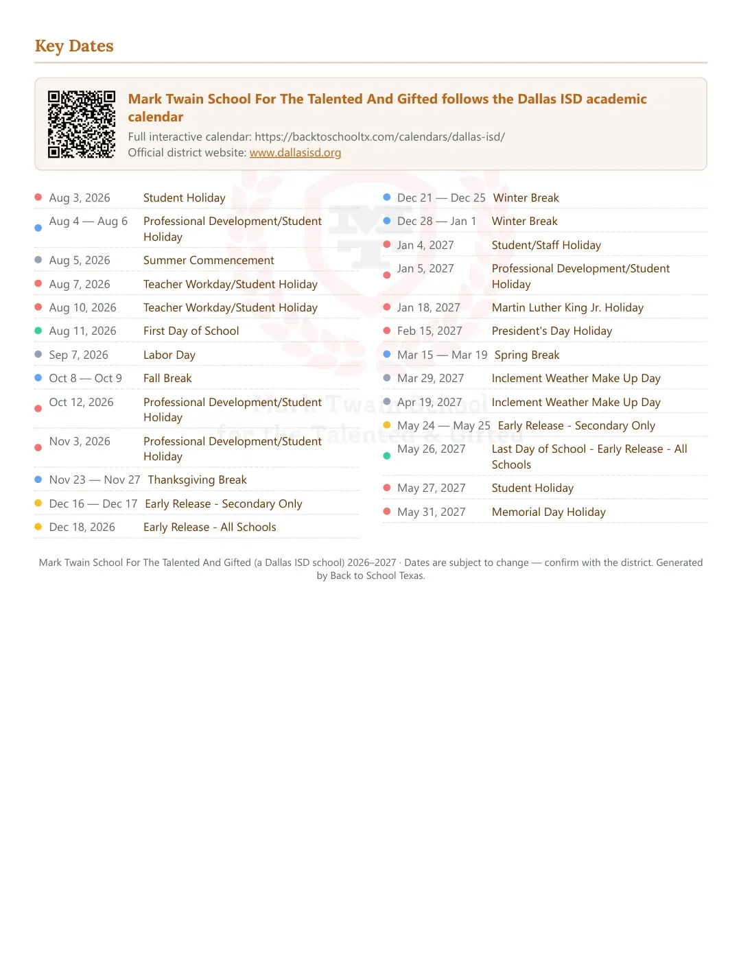 Mark Twain School For The Talented And Gifted Calendar for the Year 26-27 — key dates