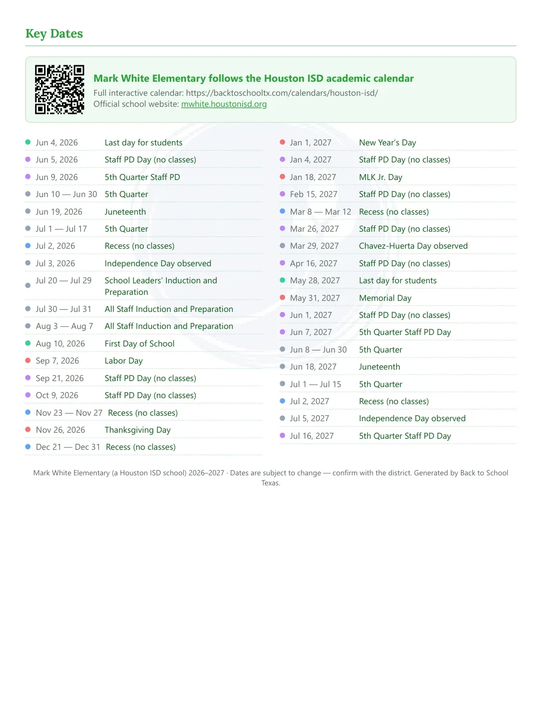 Mark White Elementary Calendar for the Year 26-27 — key dates