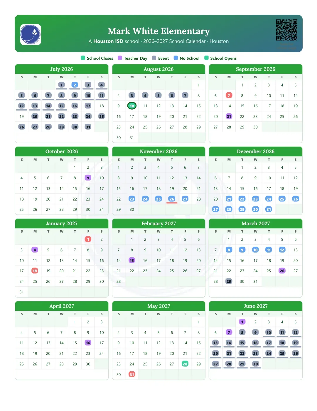 Mark White Elementary Calendar for the Year 26-27