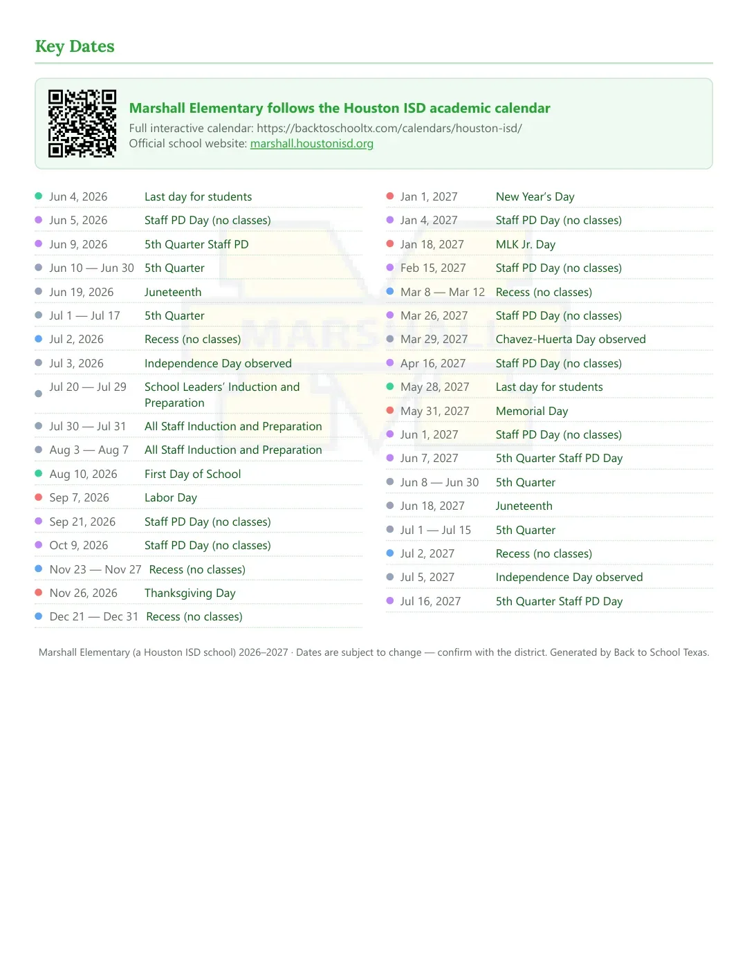 Marshall Elementary Calendar for the Year 26-27 — key dates