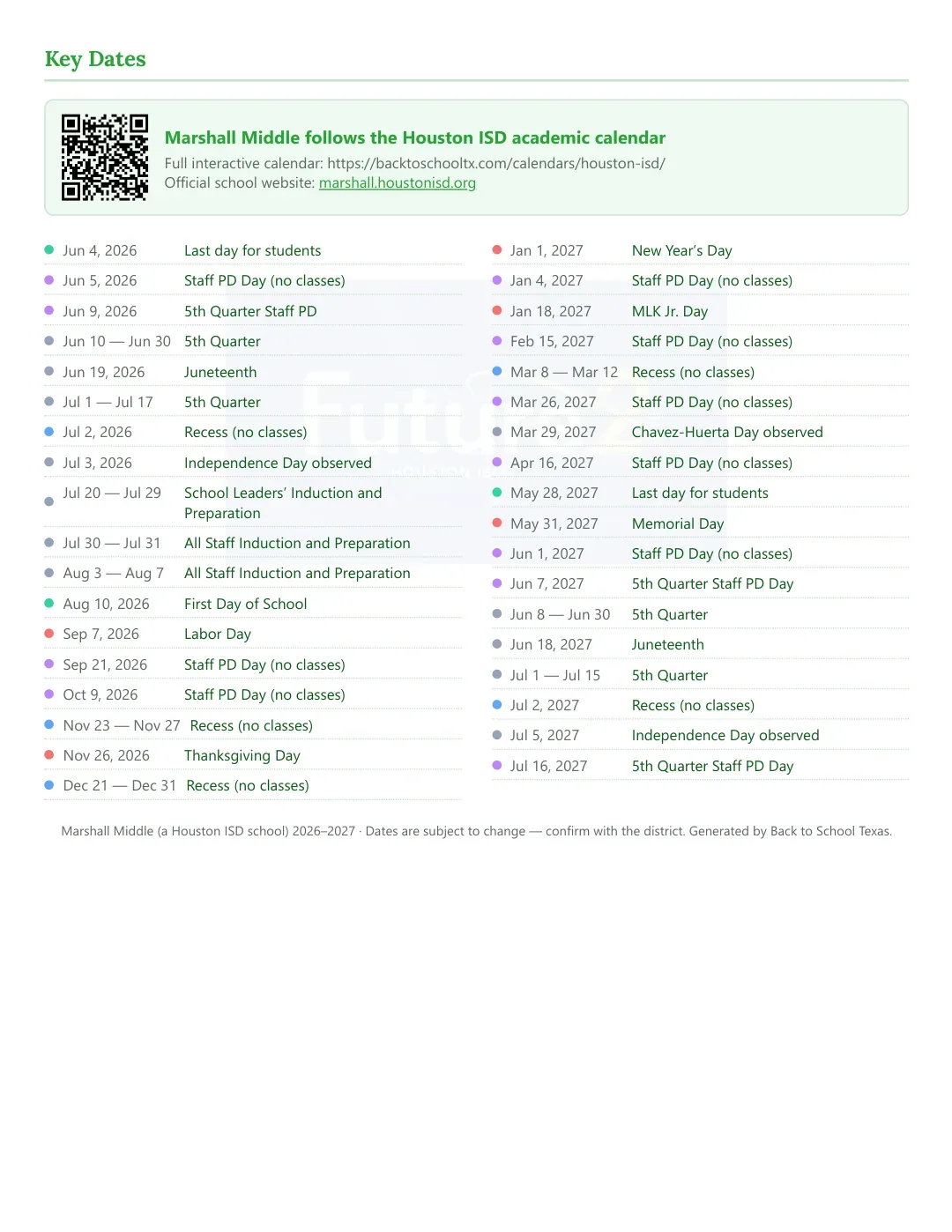 Marshall Middle Calendar for the Year 26-27 — key dates