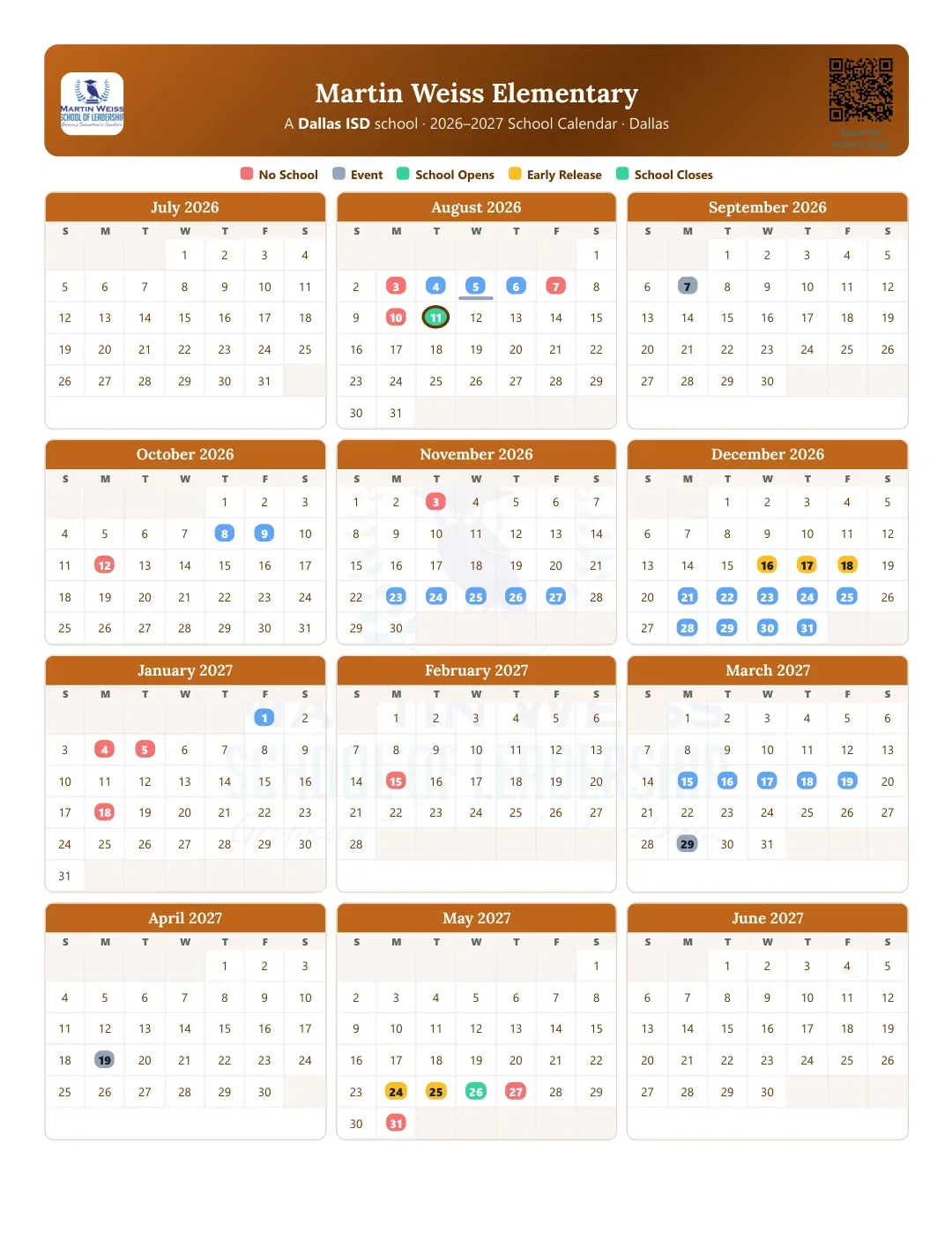 Martin Weiss Elementary Calendar for the Year 26-27