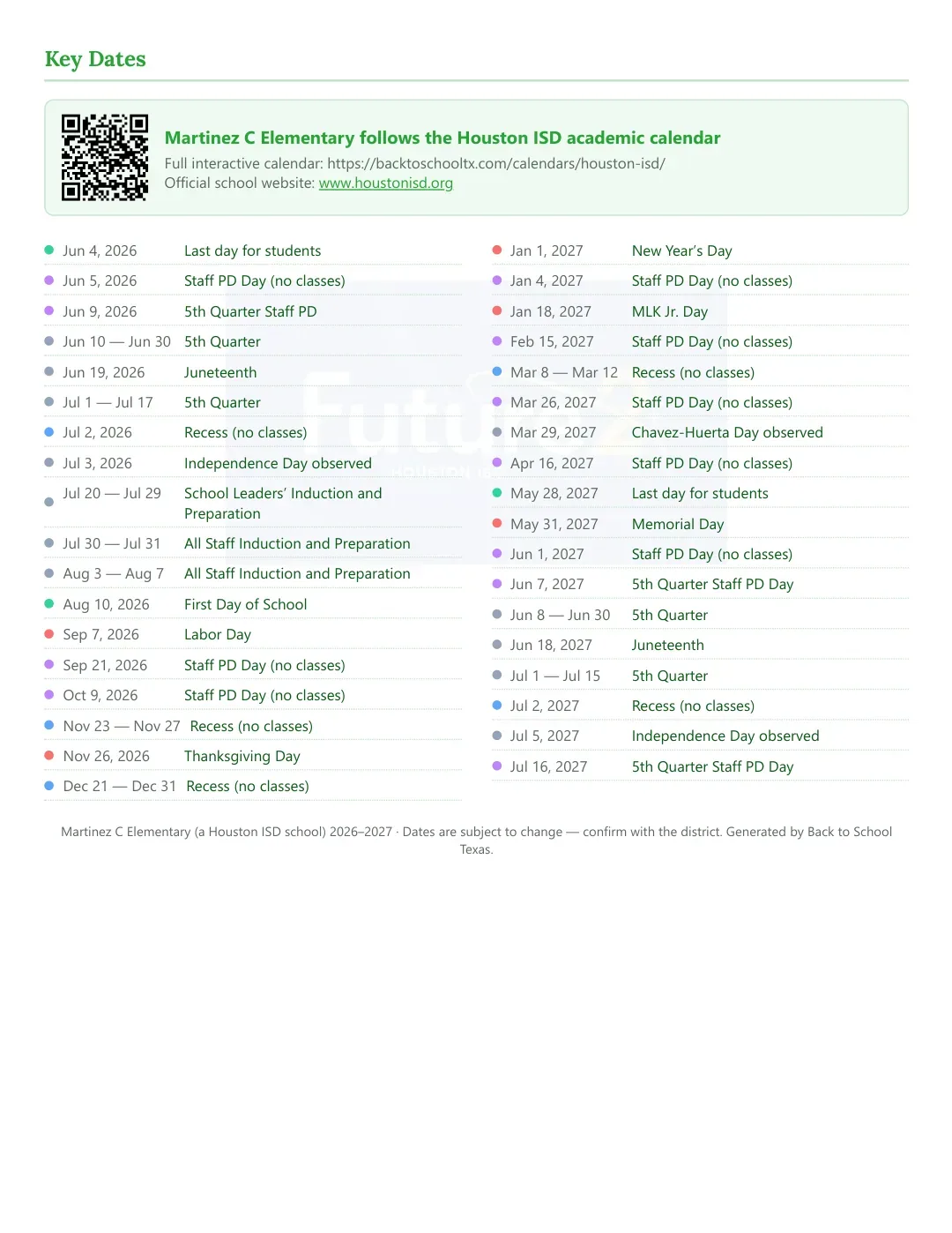 Martinez C Elementary Calendar for the Year 26-27 — key dates