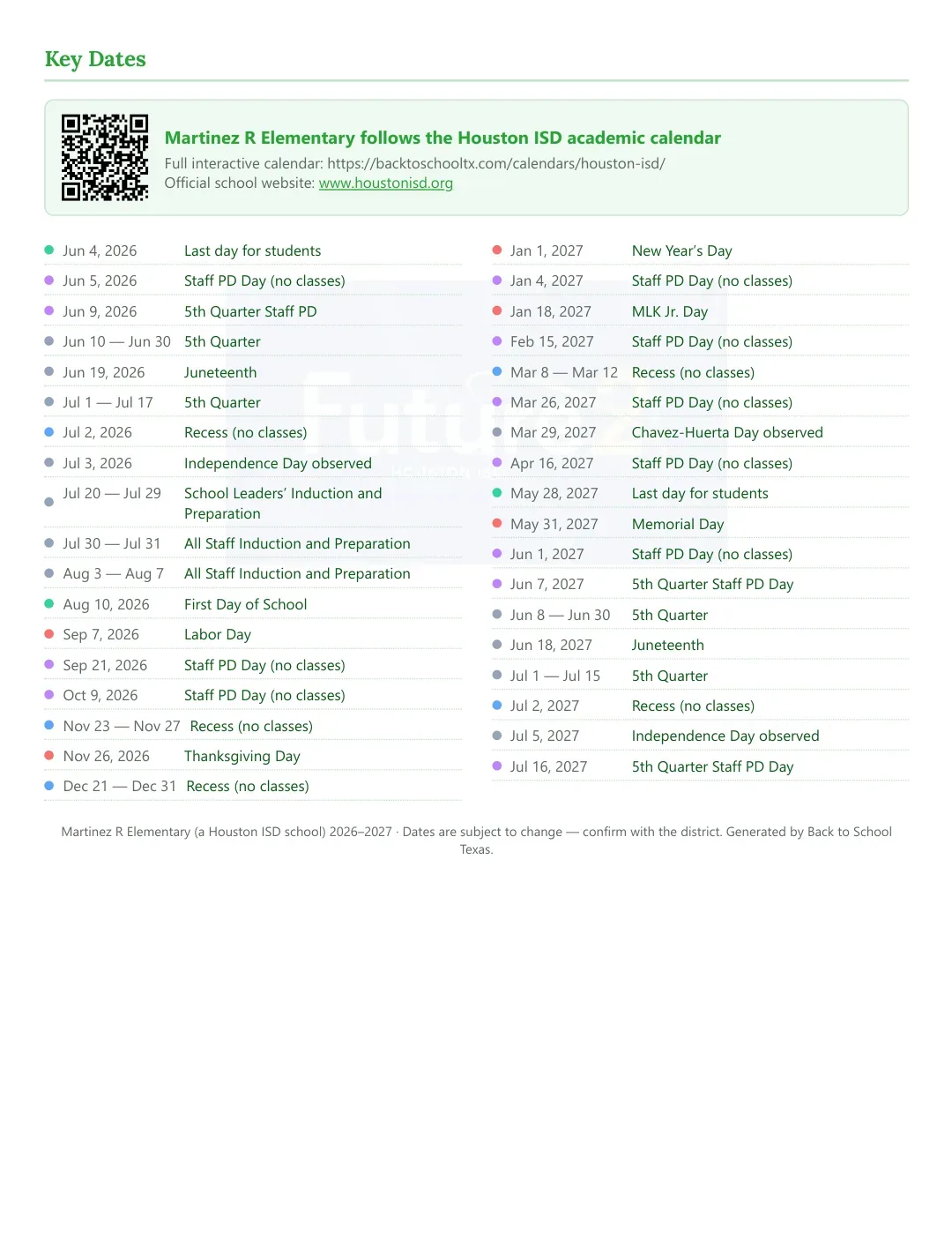 Martinez R Elementary Calendar for the Year 26-27 — key dates