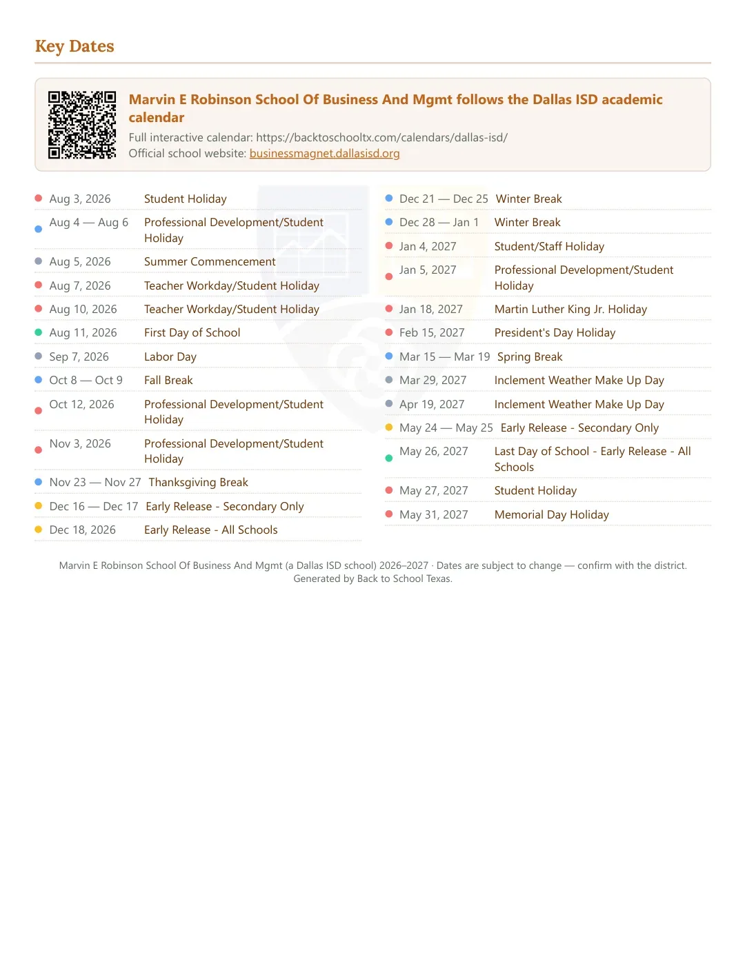 Marvin E Robinson School Of Business And Mgmt Calendar for the Year 26-27 — key dates