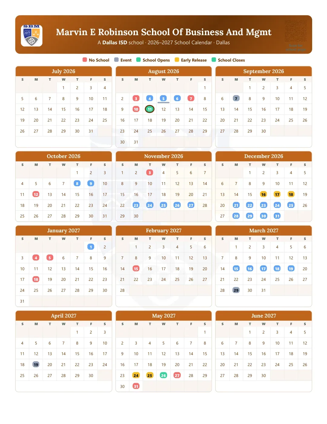 Marvin E Robinson School Of Business And Mgmt Calendar for the Year 26-27