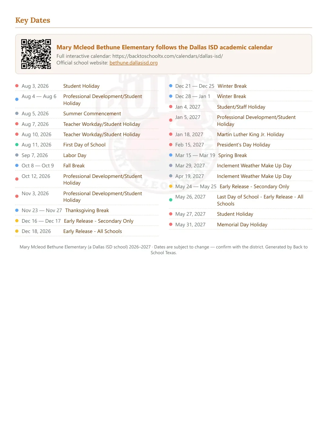 Mary Mcleod Bethune Elementary Calendar for the Year 26-27 — key dates