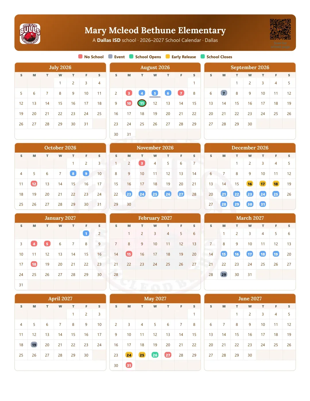 Mary Mcleod Bethune Elementary Calendar for the Year 26-27
