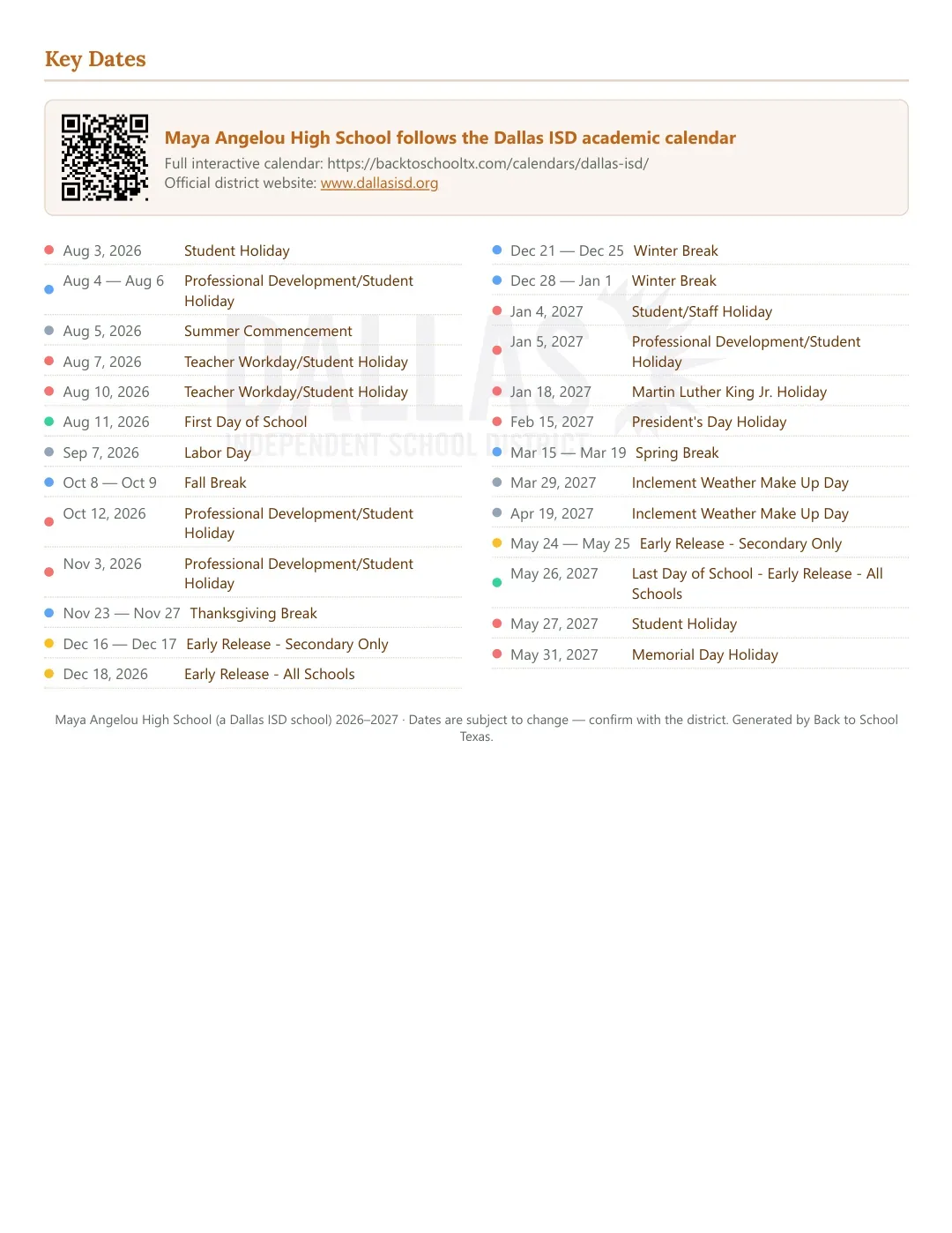 Maya Angelou High School Calendar for the Year 26-27 — key dates