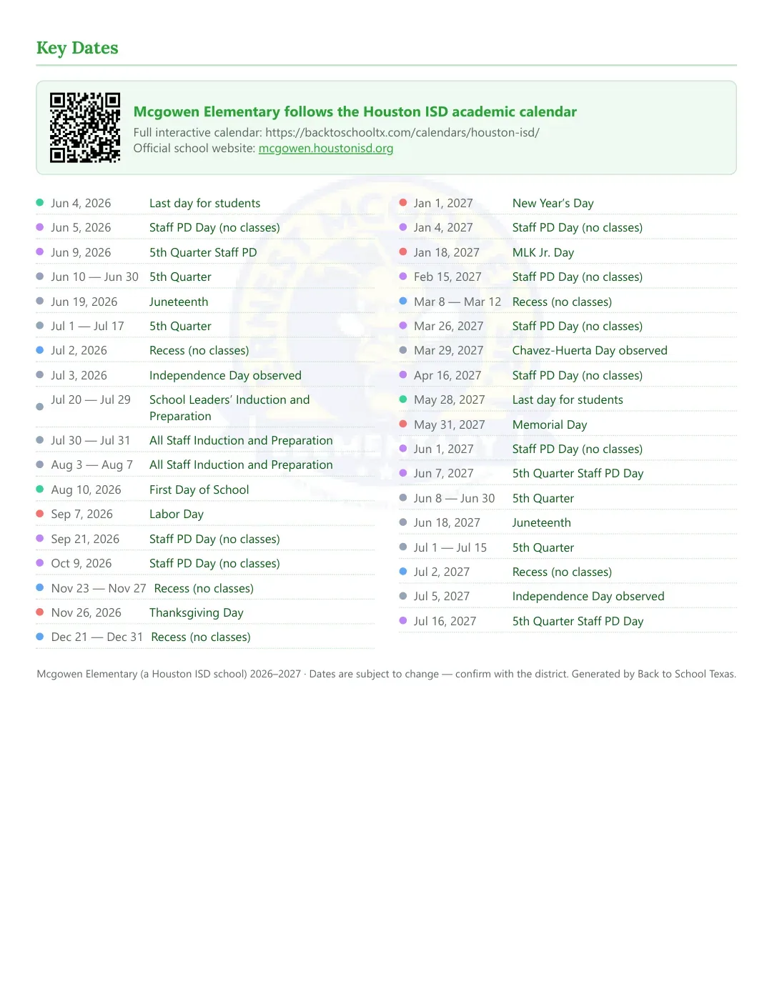Mcgowen Elementary Calendar for the Year 26-27 — key dates