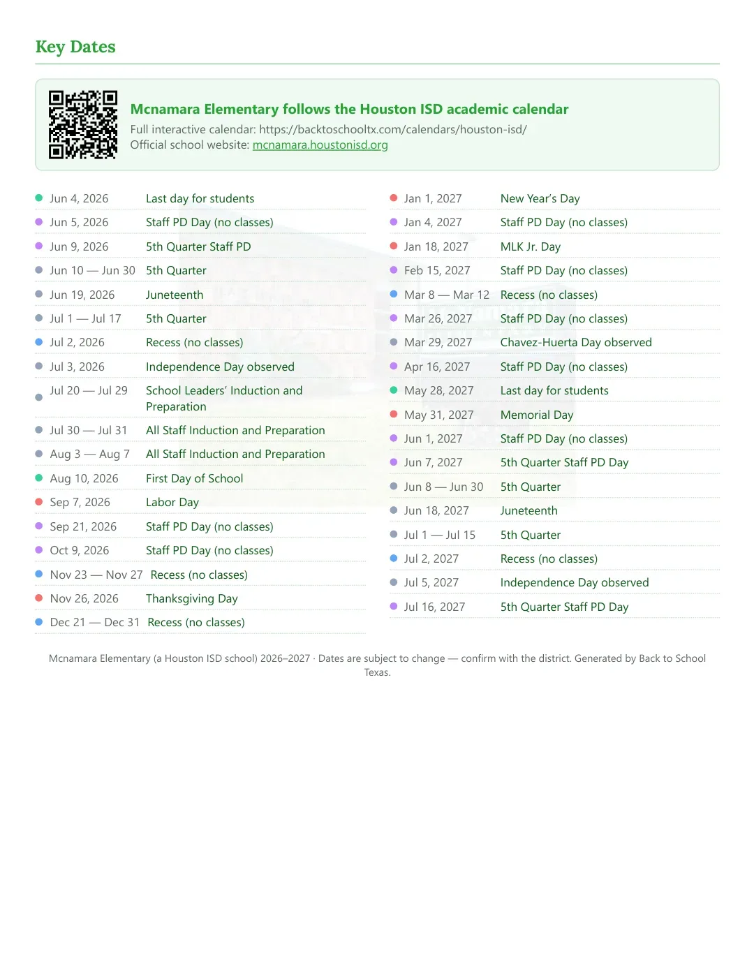 Mcnamara Elementary Calendar for the Year 26-27 — key dates