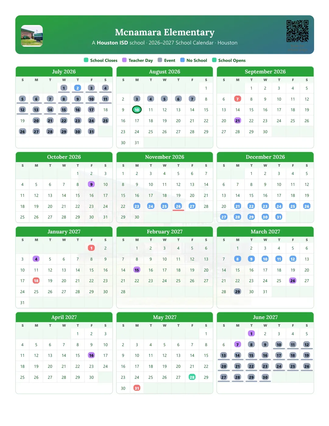 Mcnamara Elementary Calendar for the Year 26-27
