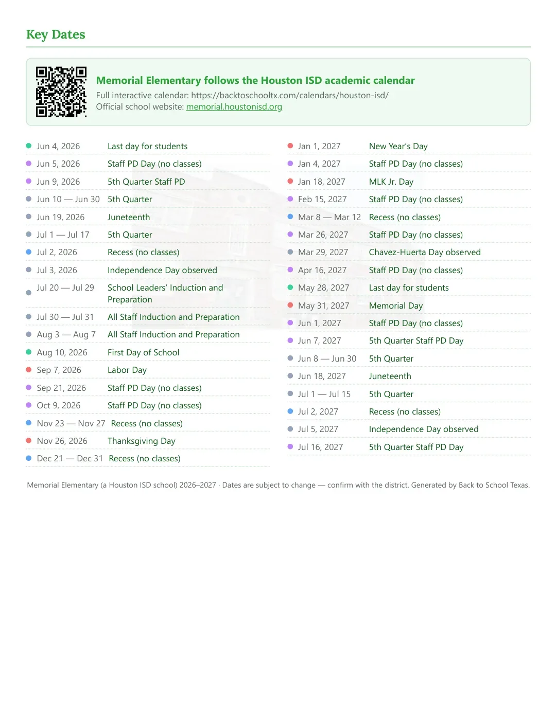 Memorial Elementary Calendar for the Year 26-27 — key dates