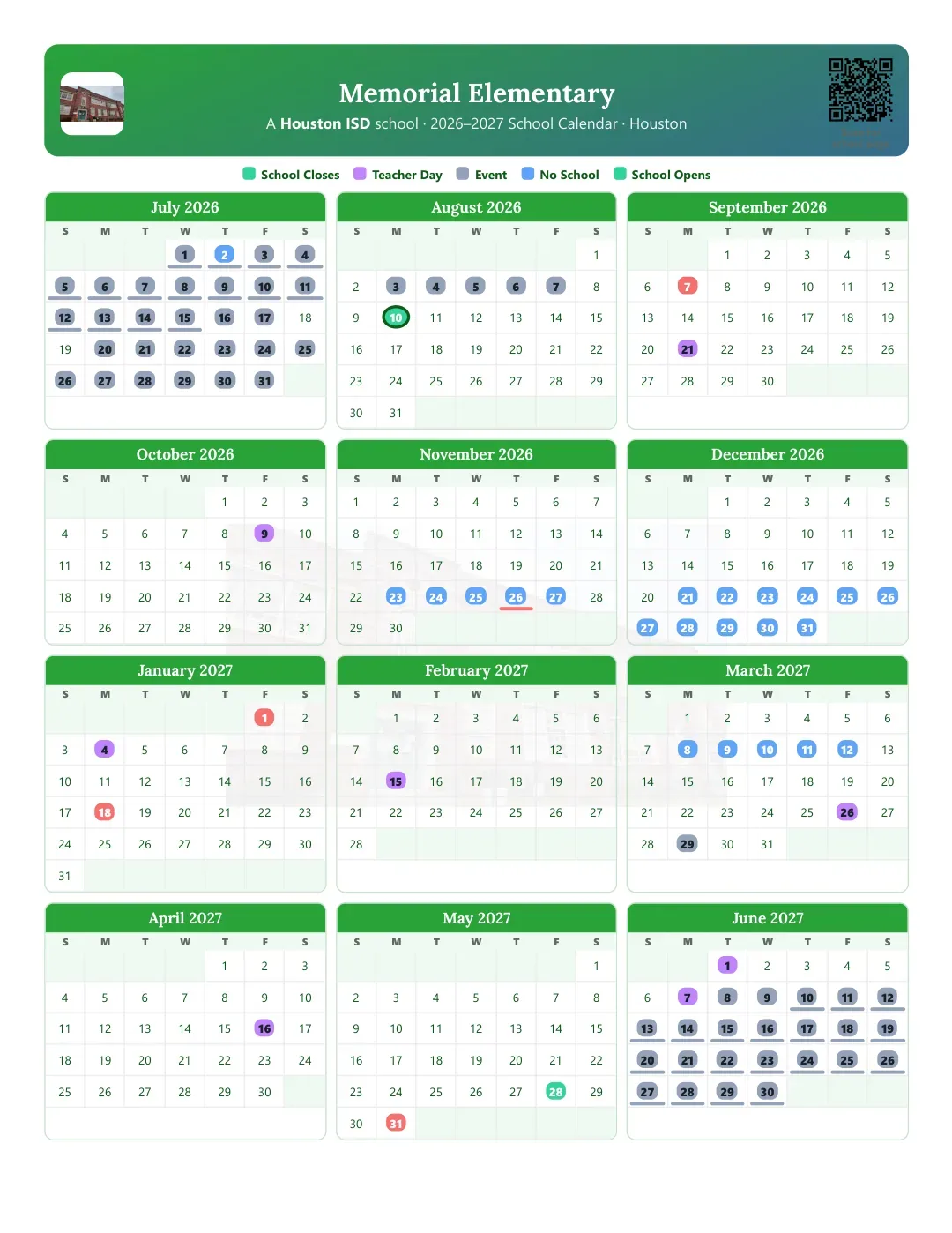 Memorial Elementary Calendar for the Year 26-27