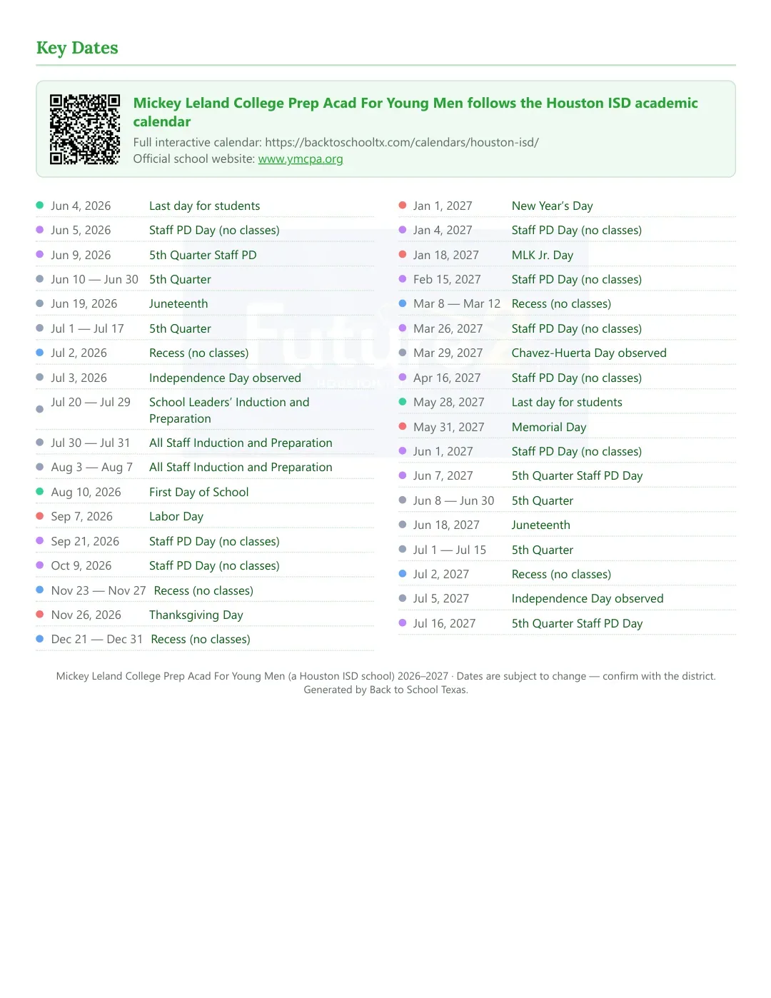 Mickey Leland College Prep Acad For Young Men Calendar for the Year 26-27 — key dates