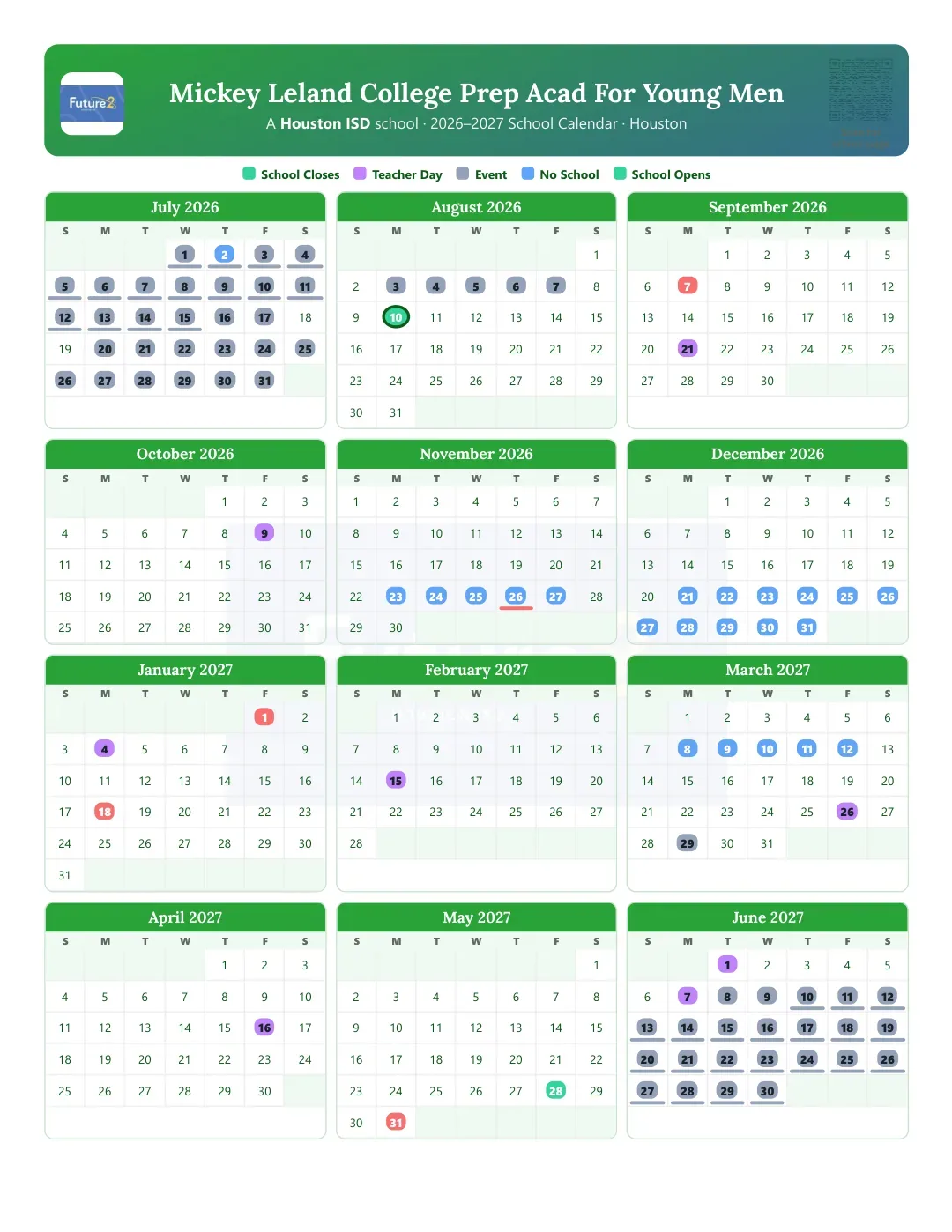 Mickey Leland College Prep Acad For Young Men Calendar for the Year 26-27