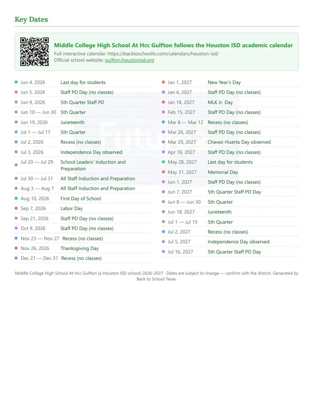 Middle College High School At Hcc Gulfton Calendar for the Year 26-27 — key dates