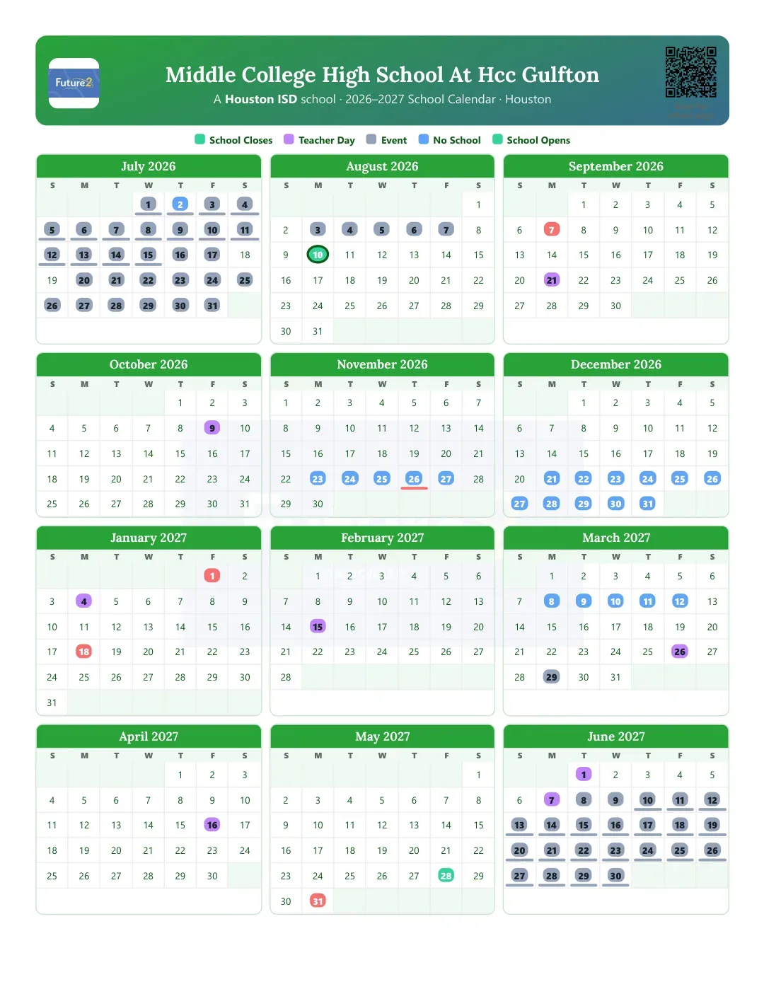 Middle College High School At Hcc Gulfton Calendar for the Year 26-27