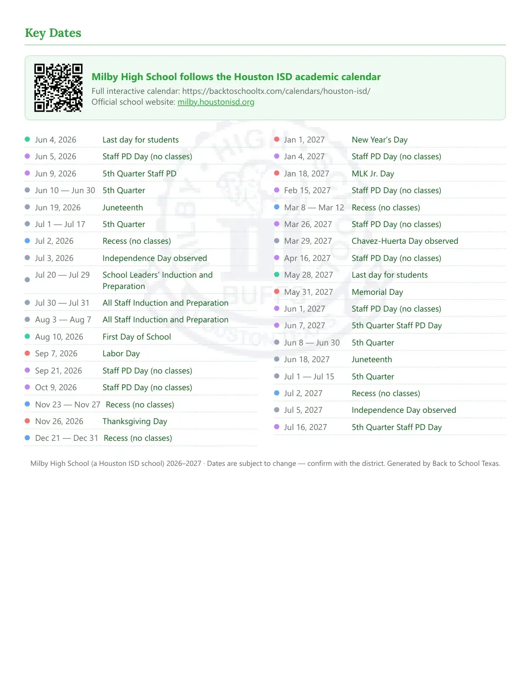 Milby High School Calendar for the Year 26-27 — key dates