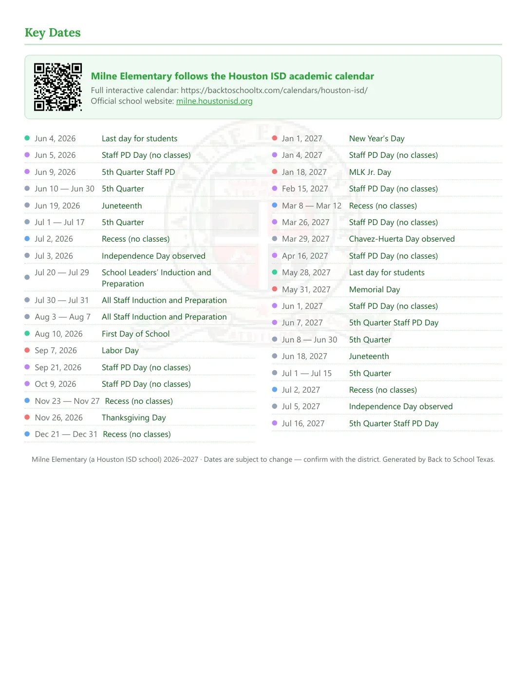 Milne Elementary Calendar for the Year 26-27 — key dates