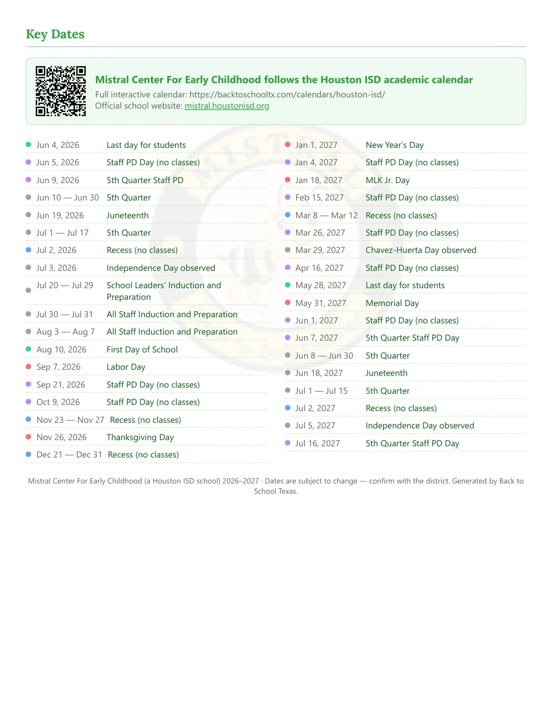 Mistral Center For Early Childhood Calendar for the Year 26-27 — key dates