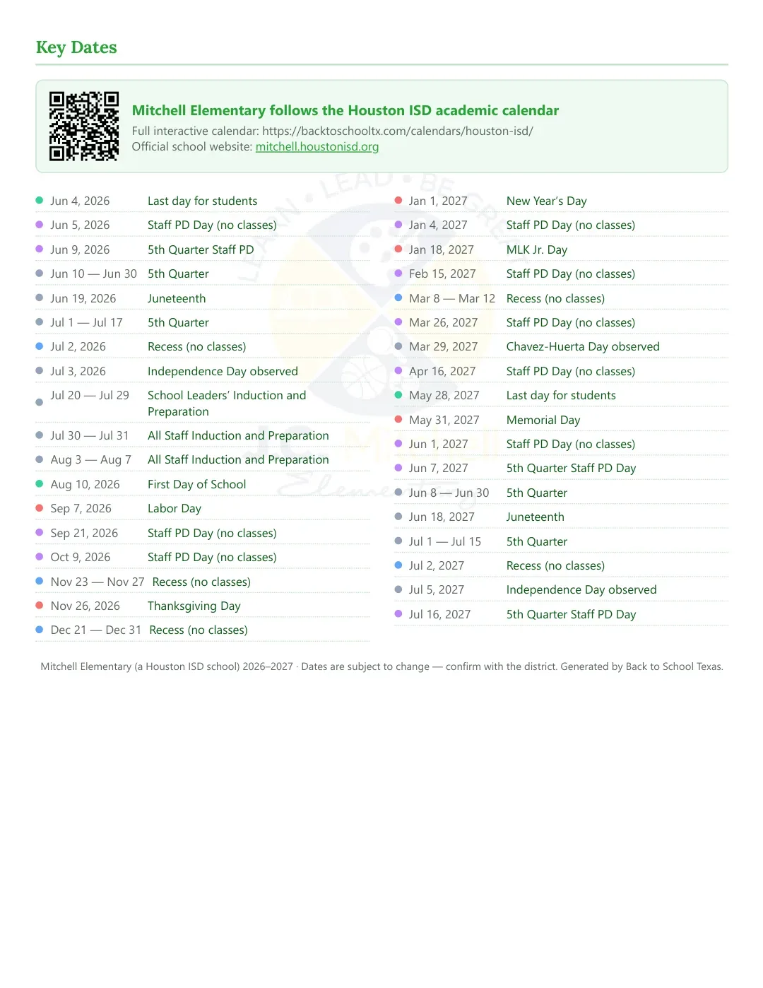 Mitchell Elementary Calendar for the Year 26-27 — key dates