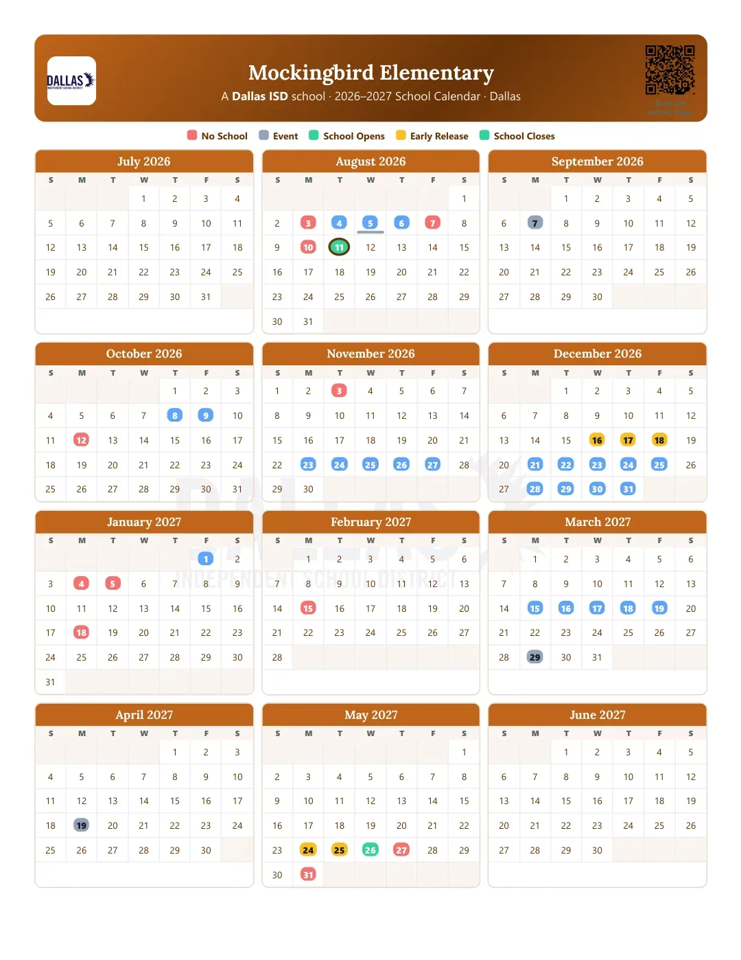 Mockingbird Elementary Calendar for the Year 26-27