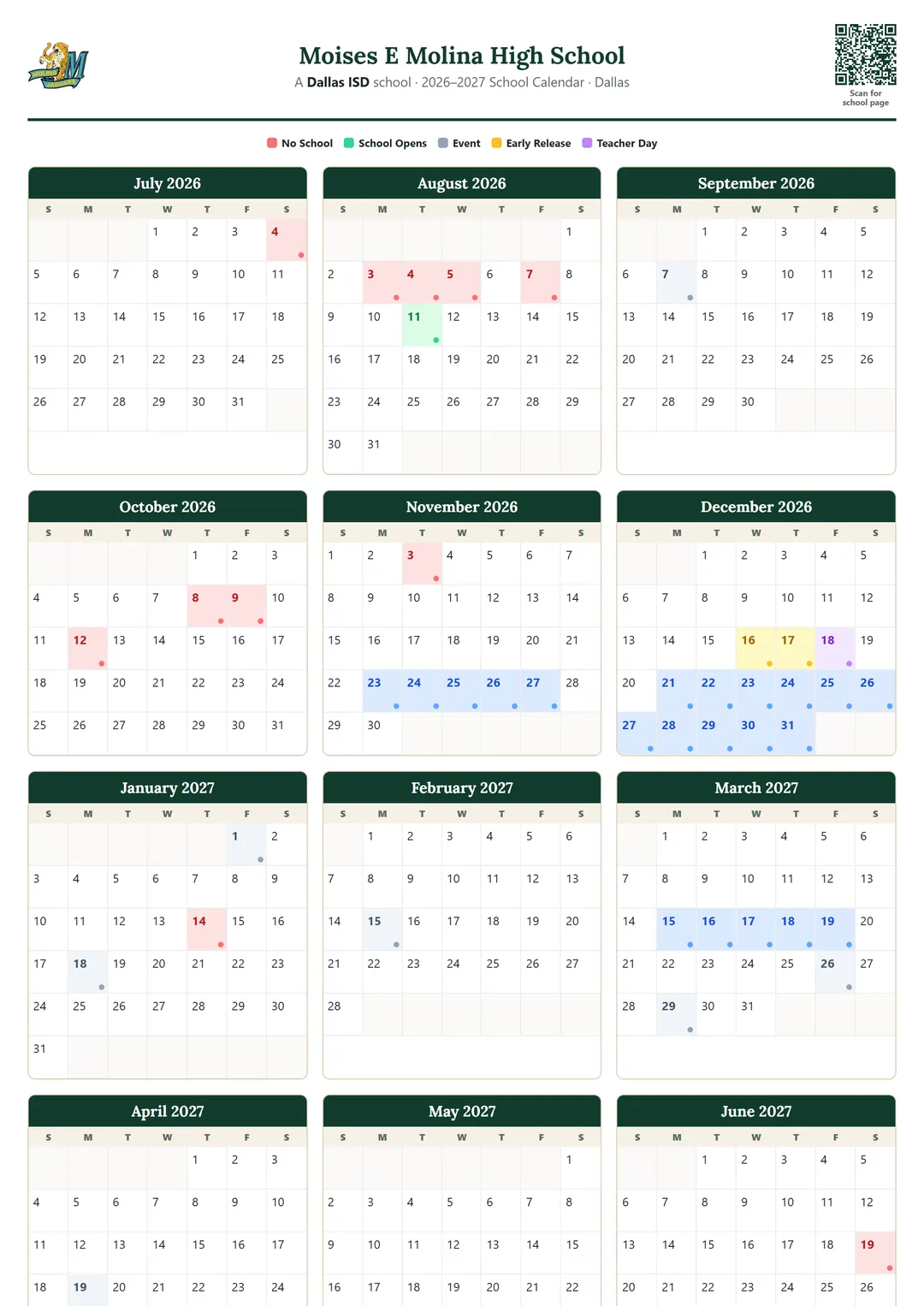 Moises E Molina High School printable 2026–2027 calendar