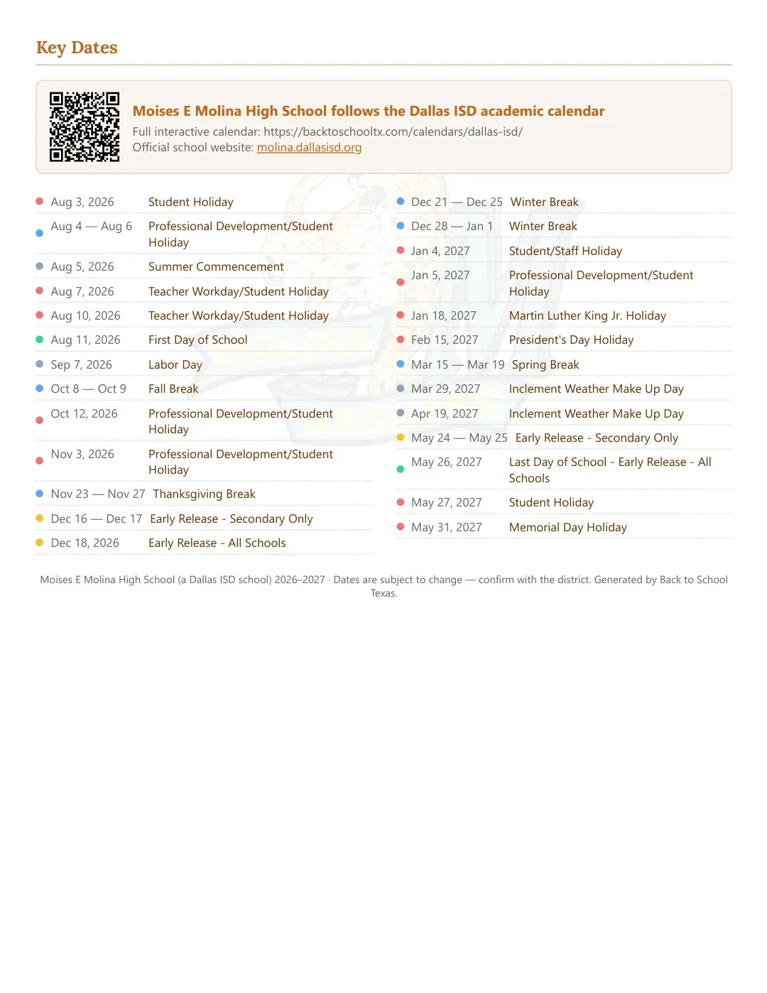 Moises E Molina High School Calendar for the Year 26-27 — key dates