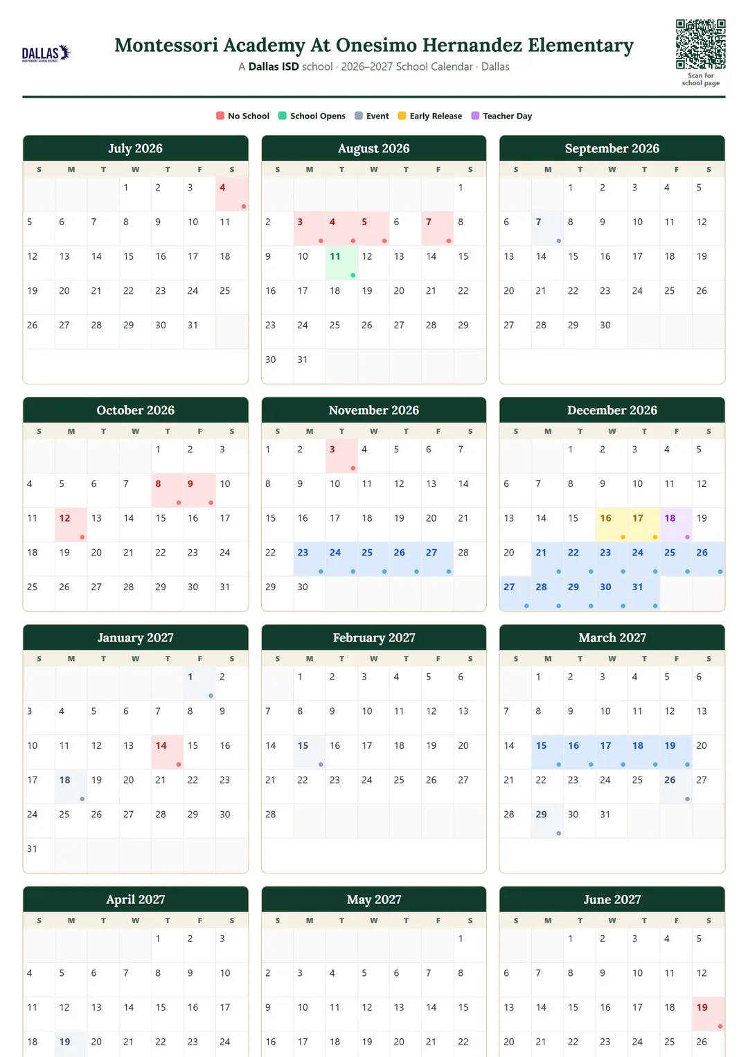 Montessori Academy At Onesimo Hernandez Elementary printable 2026–2027 calendar