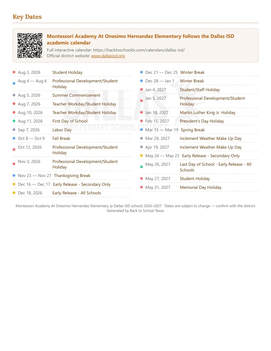 Montessori Academy At Onesimo Hernandez Elementary Calendar for the Year 26-27 — key dates