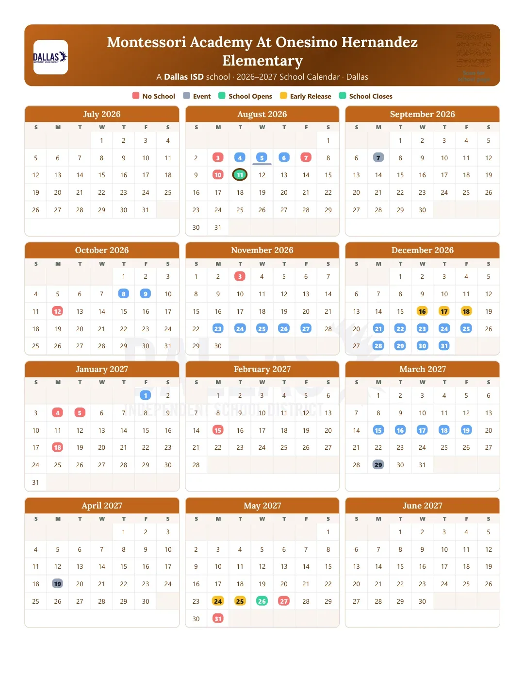 Montessori Academy At Onesimo Hernandez Elementary Calendar for the Year 26-27
