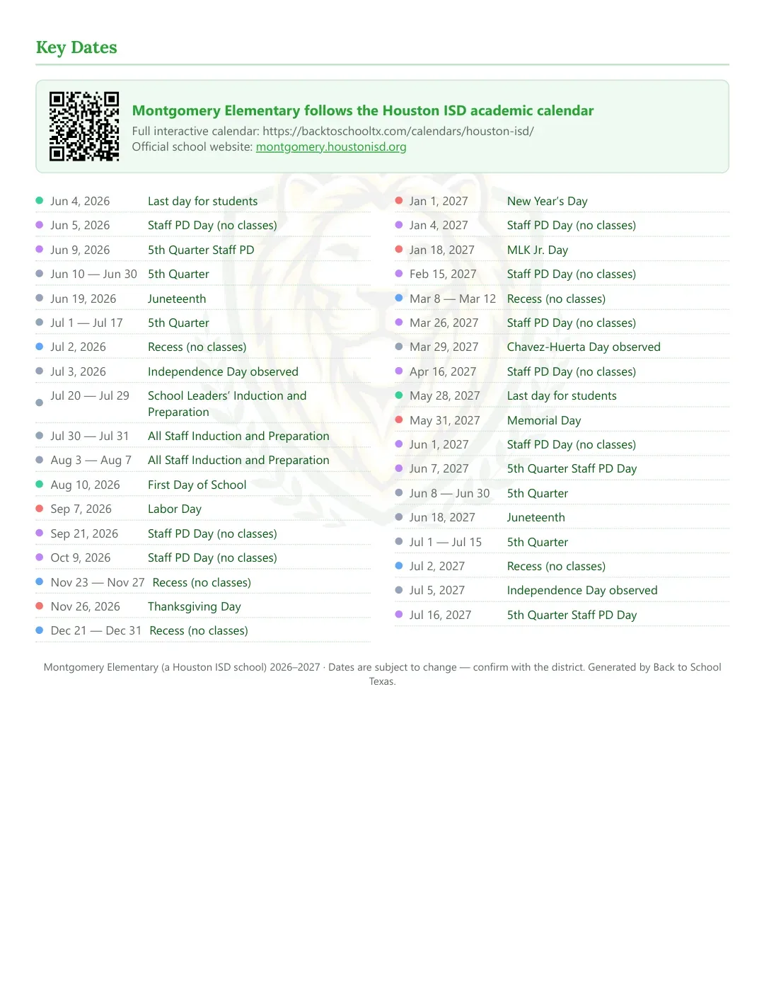 Montgomery Elementary Calendar for the Year 26-27 — key dates